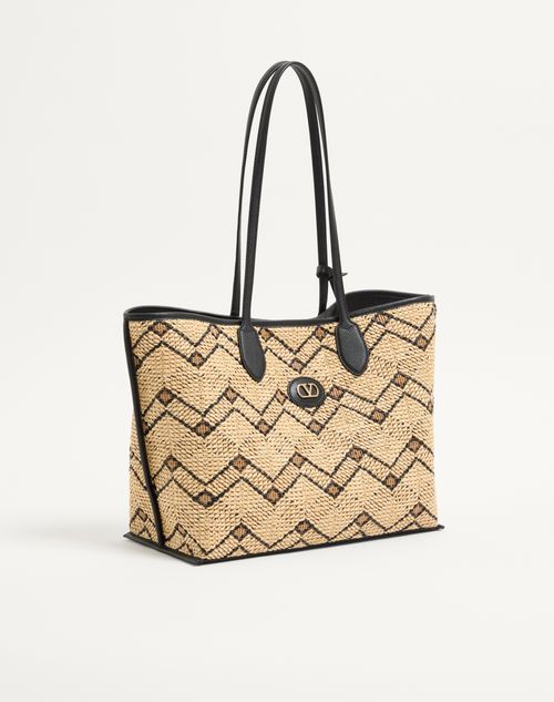 Valentino Garavani - Borsa Media Shopping Valentino Garavani In Rafia Con Motivo Geometrico - Naturale/nero - Donna - Borse Shopping