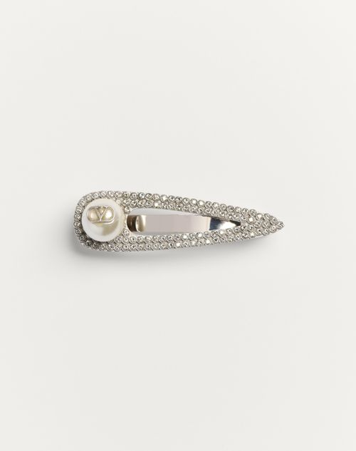 Valentino Garavani Vlogo Signature Metal Tie Clip With Swarovski® Crystals And Pearl In Palladium