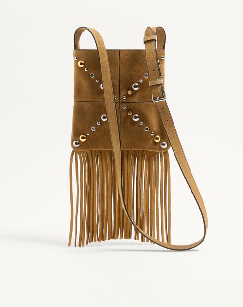 Valentino Garavani - Valentino Garavani Nellcôte Small Shoulder Bag In Suede With Fringes - Havana Beige - Woman - Shoulder Bags