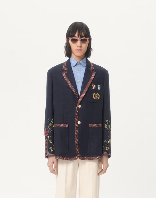 Valentino - Single-breasted Linen Jacket With Beaded Embroidery And Patches - Blue - Man - Coats And Blazers