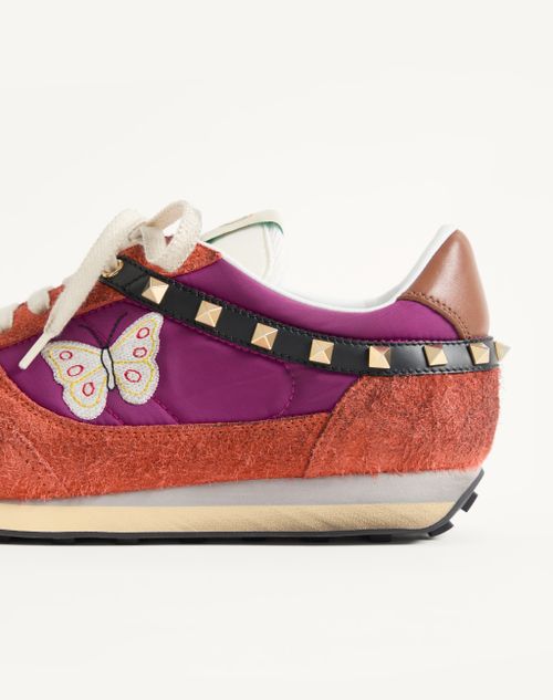 Valentino Garavani - Stud Up Sneaker In Split Leather And Nylon With Butterfly Embroidery - Orange/purple - Man - Sneakers