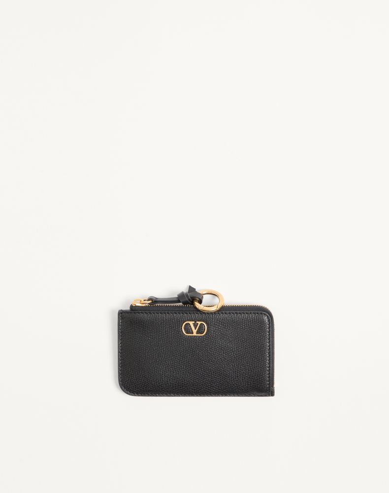Valentino Garavani Vlogo Signature Zip-around Charm Cardholder In Grainy Calfskin In ブラック