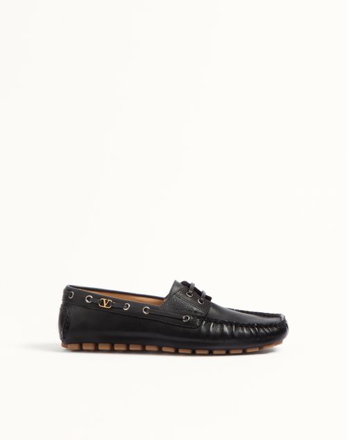 Valentino Garavani 'fastaway' Black Loafers With Vlogo Plaque And Decorative Laces With Logo In Leat In Black