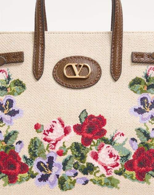 Valentino Garavani - Valentino Garavani Antibes Small Embroidered Linen Shopping Bag - Ecru/multicolour - Woman - Totes