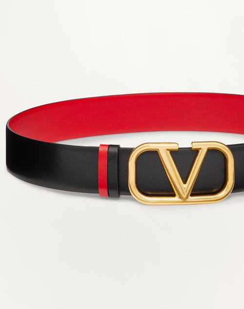 Valentino Garavani - Reversible Vlogo Signature Belt In Glossy Calfskin 40 Mm - Black/pure Red - Woman - Accessories