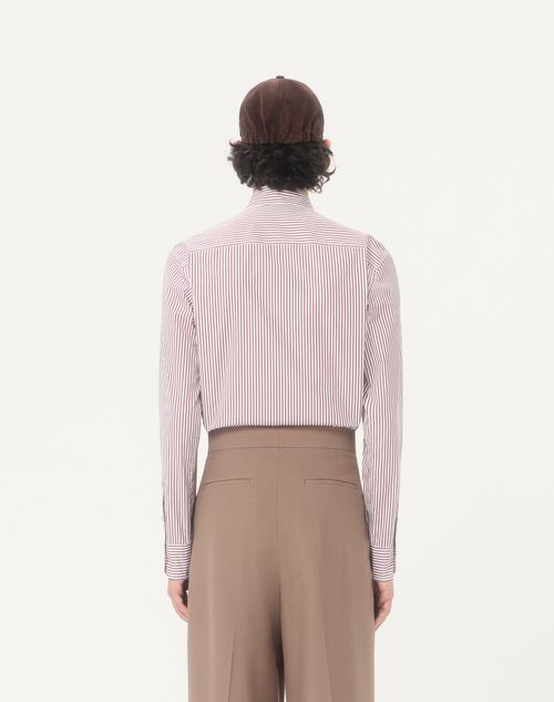 Valentino - Valentino Cotton Poplin Shirt With Striped Vlogo Embroidery - Butter/maroon - Man - Shirts