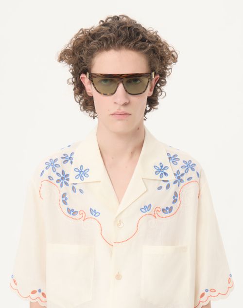 Valentino - Valentino Linen Bowling Shirt In San Gallo With Vlogo Embroidery - Latte - Man - Shirts