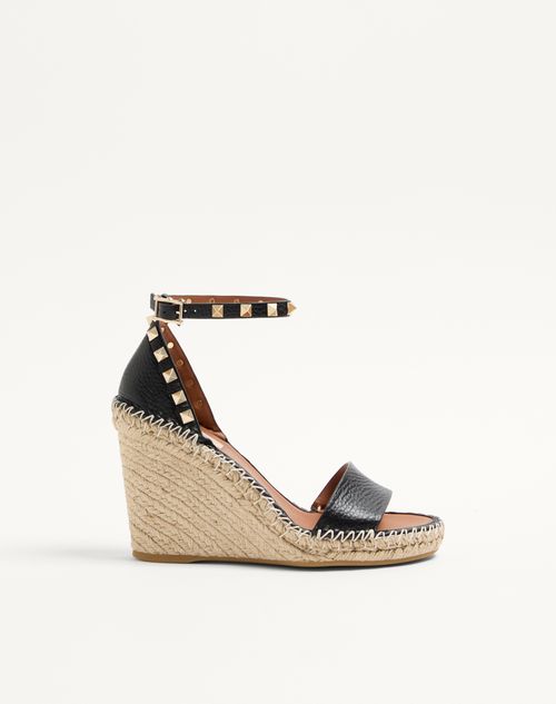 Valentino Garavani Double Rockstud Grainy Calfskin Wedge Sandal 105 Mm Woman Black 37