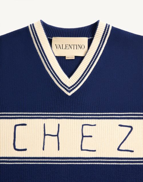 Valentino - Wool And Cotton Jumper With Chez Valentino Jacquard Pattern - Blue/butter - Man - Knitwear