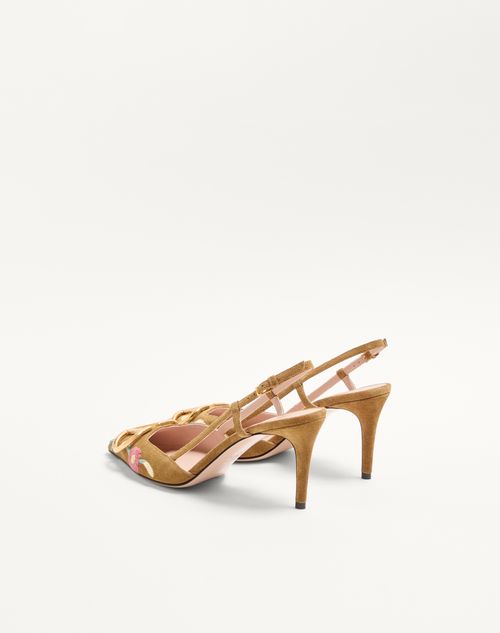 Valentino Garavani - Vlogo Signature Slingback Pump In Crust Leather With Floral Embroidery 80mm - Havana Beige - Woman - Pumps
