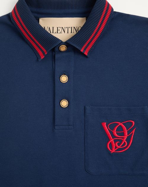 Valentino - Cotton Piqué Polo Shirt With Vg Embroidery - Blue - Man - T-shirts And Sweatshirts