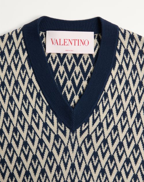 Valentino - Wool Vest With Toute La V Jacquard Pattern - Navy/cream - Man - Knitwear