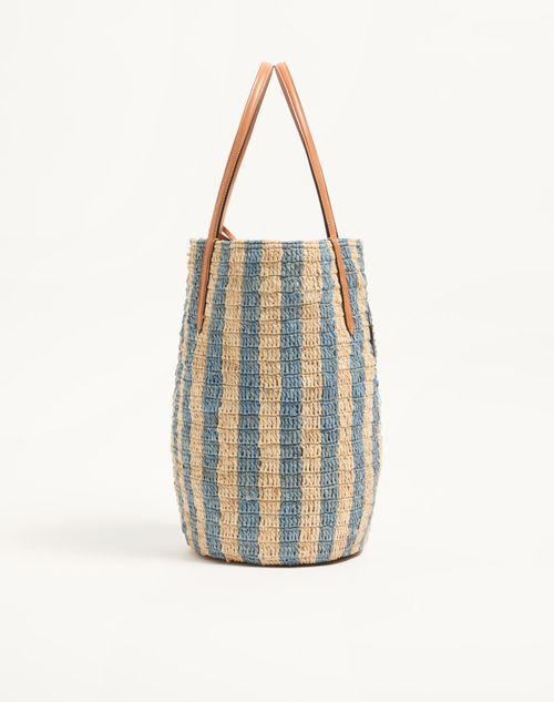 Valentino Garavani - Cabas Valentino Garavani En Raphia À Motif Rayé. - Naturel/bleu D'azur - Femme - Cabas