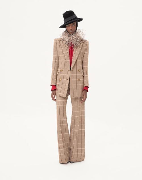 Valentino - Wool Trousers With Windowpane Check Pattern - Beige/maroon/ivory - Woman - Trousers And Shorts