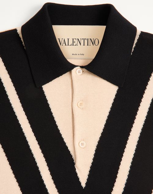 Valentino - Valentino Cotton Polo Shirt With Inlaid V - Butter/black - Man - Knitwear