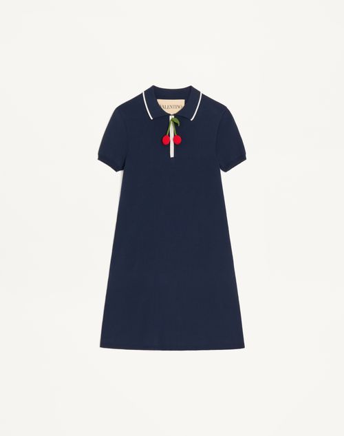 Valentino - Robe En Maille De Coton Brodée - Bleu Marine/ivoire - Femme - Robes