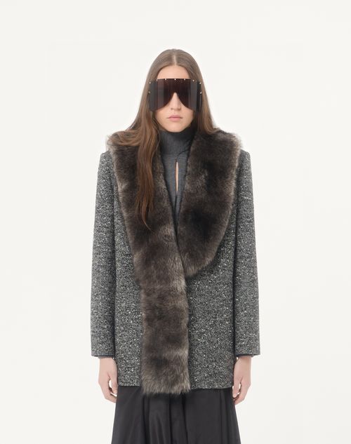 Valentino - Einreihige Cabanjacke Aus Chevron Bouclé Mit Lammfell - Weiss/ Schwarz - Frau - Jacken Und Mäntel