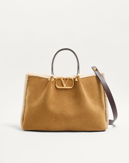 Valentino Garavani Valentino Garavani Medium Suede Shopping Bag With Sheepskin Lining Woman Havana Beige Onesize