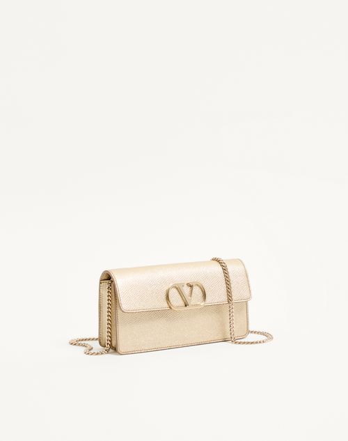 Valentino Garavani - Vlogo Signature Laminated Grainy Calfskin Wallet With Chain - Platinum - Woman - Wallets And Small Leather Goods
