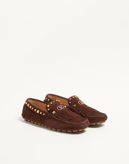 Valentino Garavani - Fastaway Driver Loafer In Crust Leather With Fringes - Bark Brown - Man - Loafers And Driver