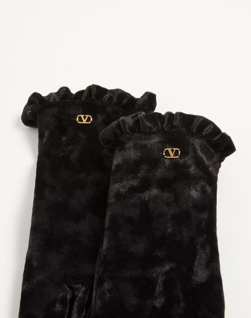 Valentino Garavani - Vlogo Signature Chenille Gloves - Black/gold - Woman - Hats And Gloves