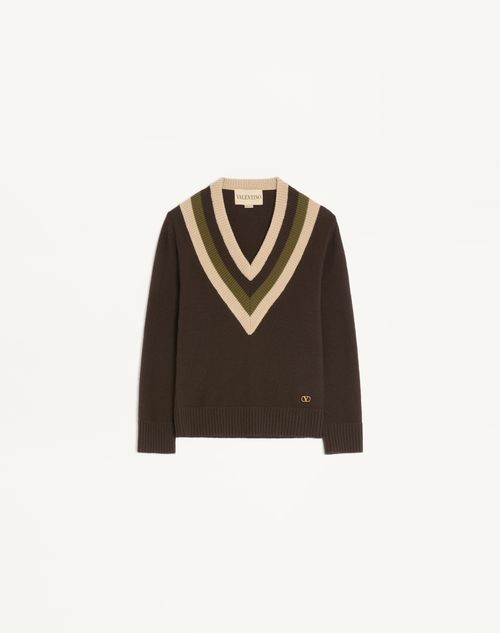 Valentino Virgin Wool Contrast V-neck Sweater In Brown