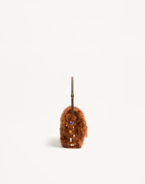 Valentino Garavani - Valentino Garavani Devain Small Shoulder Bag In Lamb Fur With Rhinestones. - Brown - Woman - Shoulder Bags