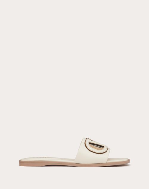 Valentino Vlogo Signature Flat Leather Sandals In アイボリー/アンティークブラス