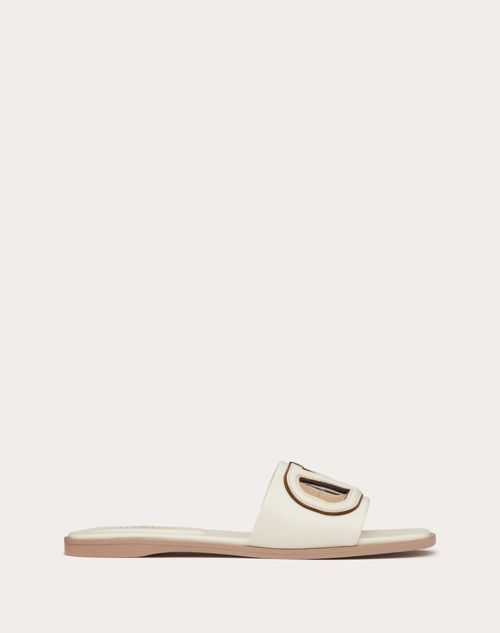 Shop Valentino Garavani Vlogo Cut-out Calfskin Slide Sandal Woman Ivory/antique Brass 42 In アイボリー/アンティークブラス