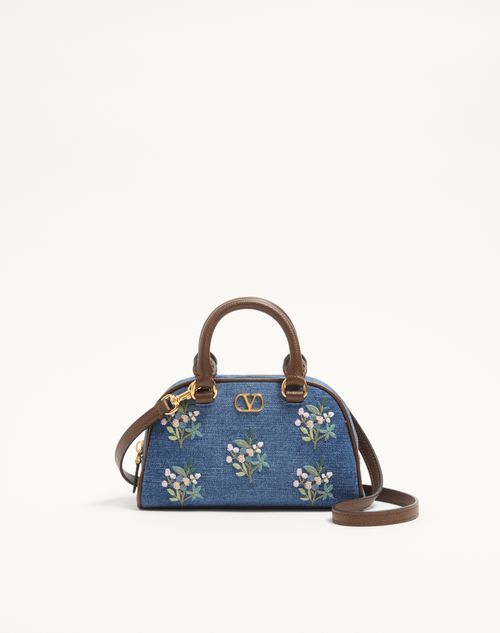 Valentino Garavani - Valentino Garavani Vlogo Signature Mini Top-handle Bag In Denim With Floral Embroidery - Denim - Woman - Top Handle Bags