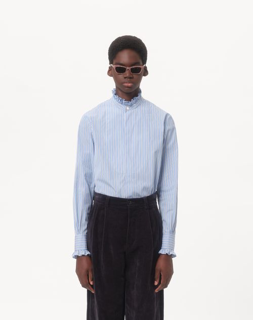 Valentino - Camisa De Algodón A Rayas Con Volantes - Celeste - Hombre - Camisas