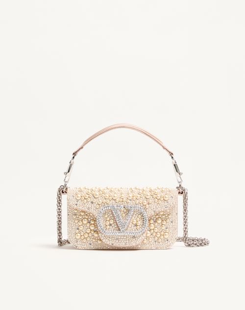 Valentino Garavani Locò Small Shoulder Bag With Pearls, Rhinestones And Jewel Log In White
