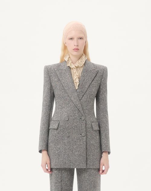 Valentino - Double-breasted Blazer In Natté Buttoned Weave - Ivory/black - Woman - Jackets And Blazers