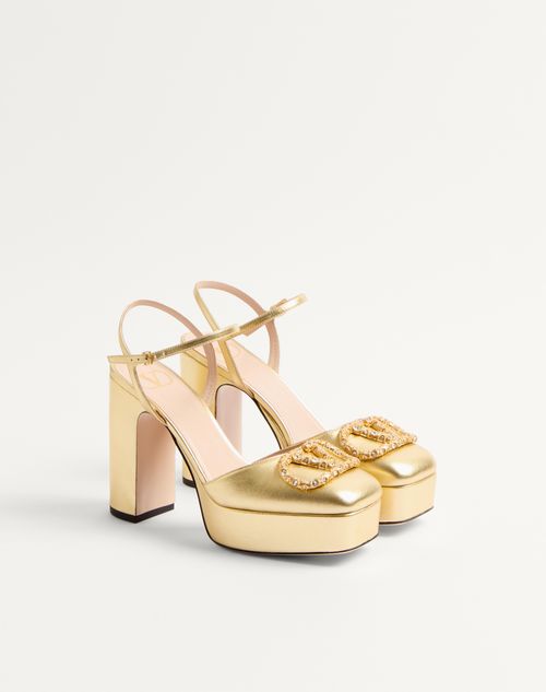 Valentino Garavani - Vlogo Signature Platform Pump In Laminated Nappa 115mm - Antique Brass/crystal - Woman - Pumps