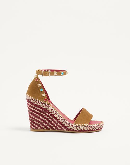 Valentino Garavani - Rockstud Double Wedge Sandal In Split Leather With Cabochon Stones 105mm - Havana Beige - Woman - Espadrilles And Wedges