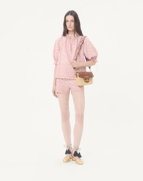 Valentino Garavani - Valentino Garavani Alltime Shoulder Bag In Raffia And Grainy Calfskin With Ribbon Strap Featuring Cherryfic Embroidery - Natural/saddle Brown - Woman - Shoulder Bags