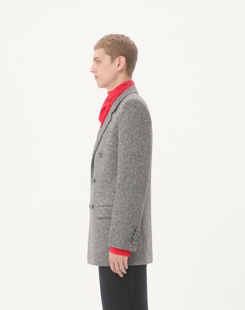 Valentino - Valentino Double-breasted Jacket In Natté Boutonné Wool - Ivory/black - Man - Coats And Blazers