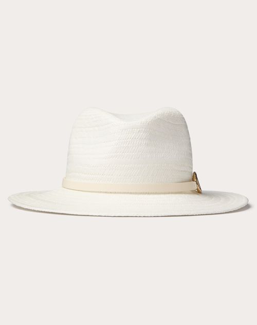Shop Valentino Garavani The Bold Edition Vlogo Woven Panama Fedora Hat With Metal Detail Woman Ivory/gold