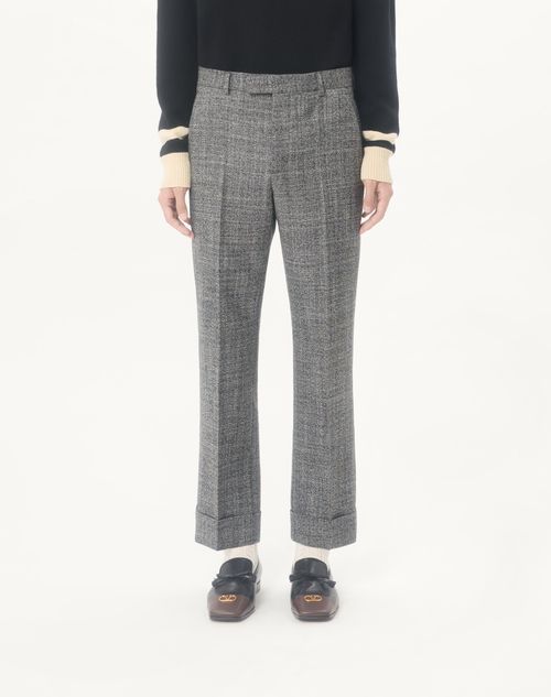Valentino - Valentino Mouliné Wool Trousers With Turn-ups - White/ Black - Man - Trousers And Shorts