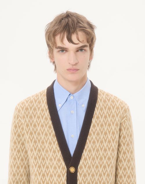 Valentino - Cardigan In Lana Con Motivo Toute La V - Beige/crema - Uomo - Maglieria