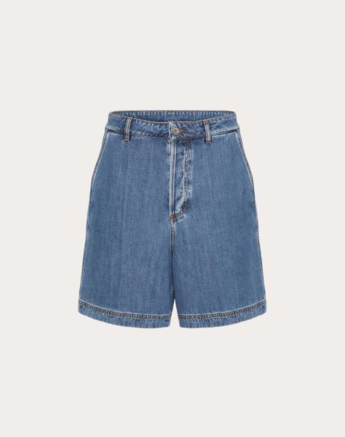Valentino Denim Bermuda Shorts With Metallic V Detail In Denim