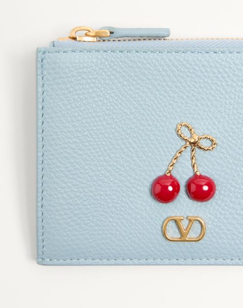 Valentino Garavani - Portacarte Cherryfic In Vitello Granato - Azzurro - Donna - Portafogli E Piccola Pelletteria