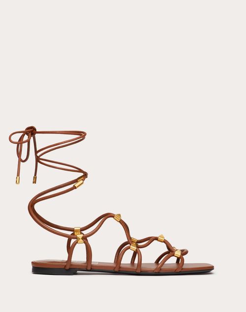 Valentino Brown Flat Sandals With Signature Studs And Ankle Strap In Leather Woman In Tan Brown