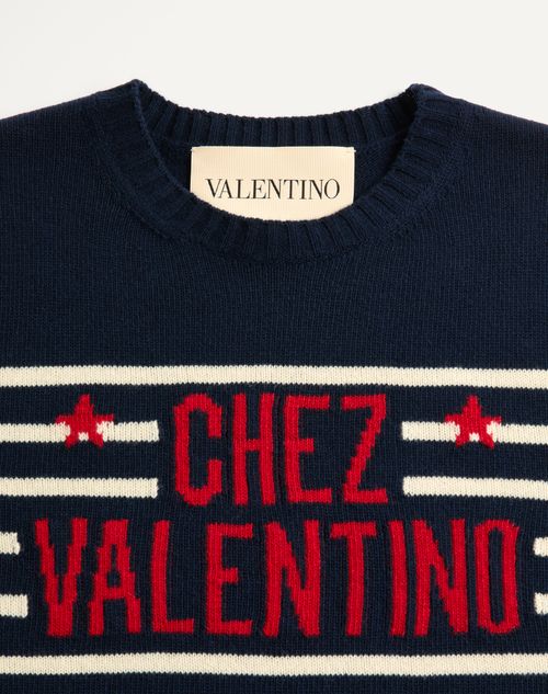 Valentino - Wool Sweater With Chez Valentino Jacquard Motif - Blue/butter - Man - Knitwear
