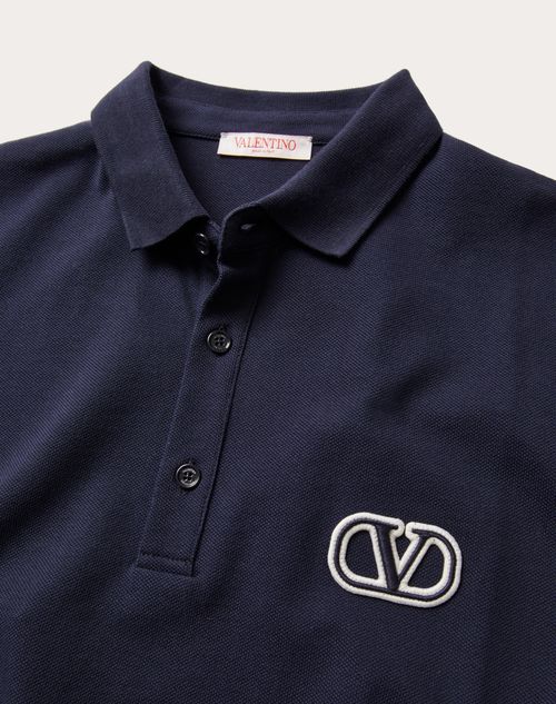 Valentino - Cotton Piqué Polo Shirt With Vlogo Signature Patch - Navy - Man - T-shirts And Sweatshirts