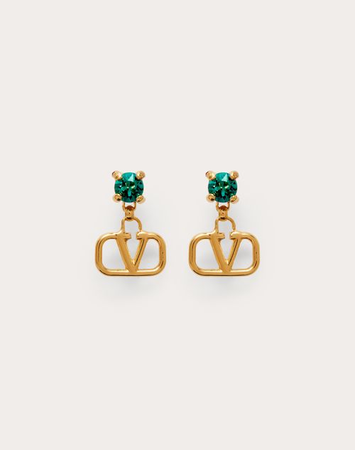 Valentino Garavani Vlogo Signature Earrings In Metal And Swarovski® Crystals Woman Gold/emerald Uni