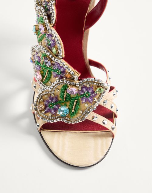 Valentino Garavani - Dans Le Foyer Sandal In Moiré Fabric With Floral Embroidery And Feathers 105mm - Multicolor - Woman - Sandals