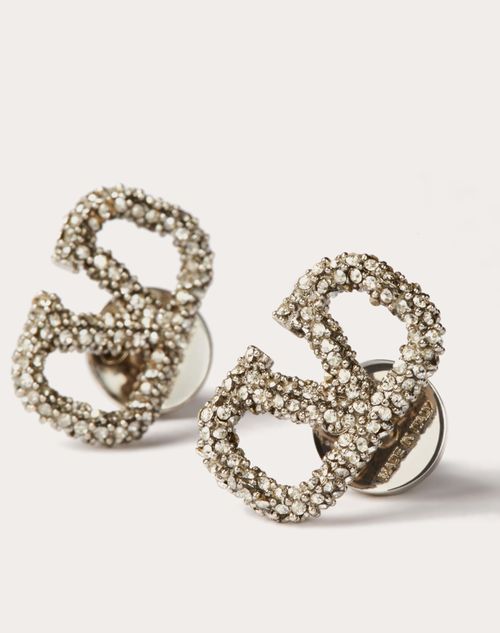 Valentino Garavani - Vlogo Signature Earrings In Metal And Swarovski® Crystals - Palladium - Woman - Jewelry