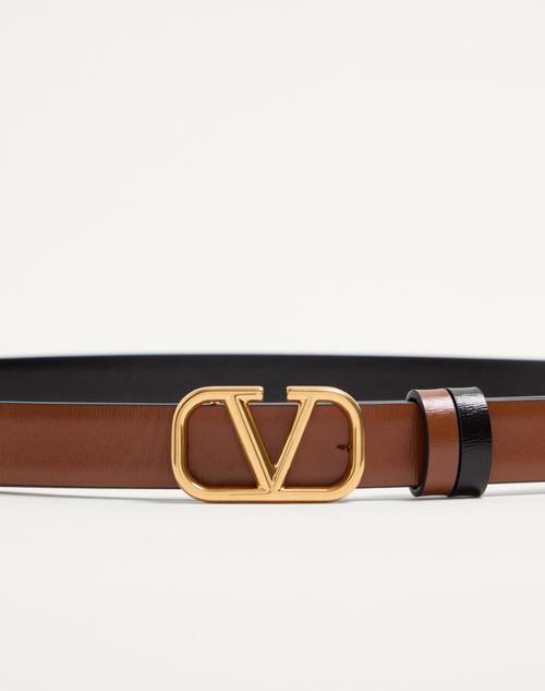 Valentino Garavani - Reversible Vlogo Signature Belt In Glossy Calfskin 20 Mm - Saddle Brown/black - Woman - Accessories