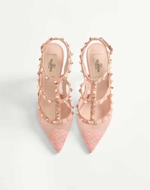 Valentino Garavani - Escarpins À Brides Rockstud En Dentelle, Talon&nbsp;: 100&nbsp;mm - Rose Pêche - Femme - Escarpins
